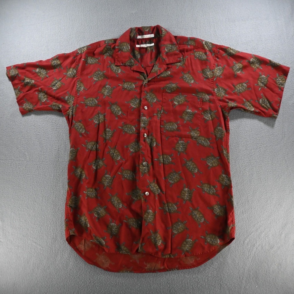 Perry Ellis Mens Vintage‎ 90s Turtle Print Rayon Camp Shirt Medium Red